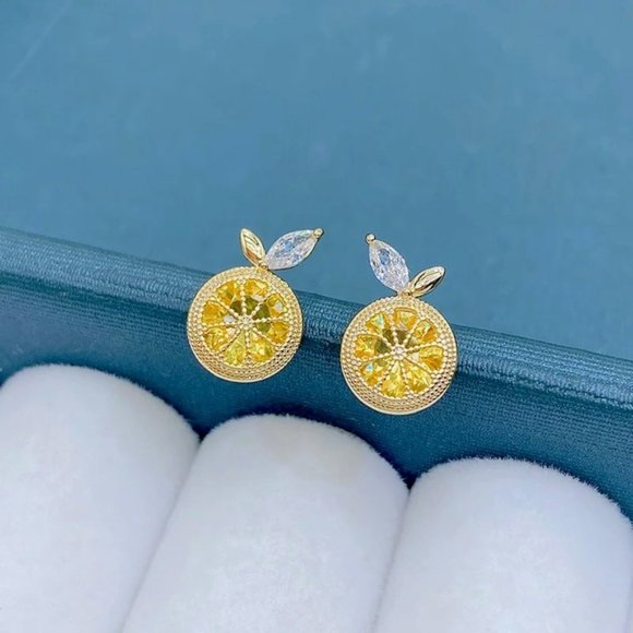 Jeweled Orange Diamond Fruit Gold Stud Minimalist Dainty Luxury Unique Earrings - Picture 2 of 6